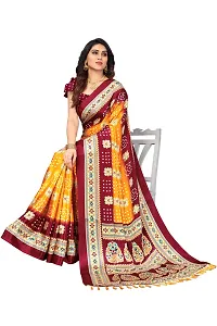 Women  poly slik printed saree with squnse les and Unstitched Blouse Piecee yellow maroon-thumb3