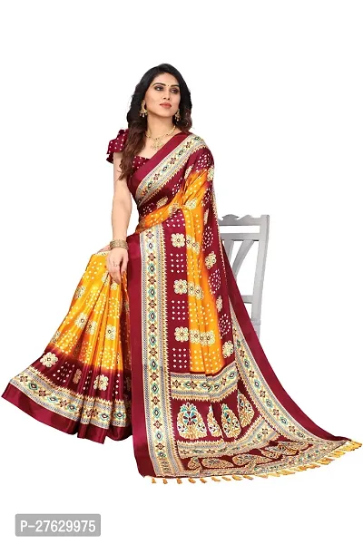 Women  poly slik printed saree with squnse les and Unstitched Blouse Piecee yellow maroon-thumb4