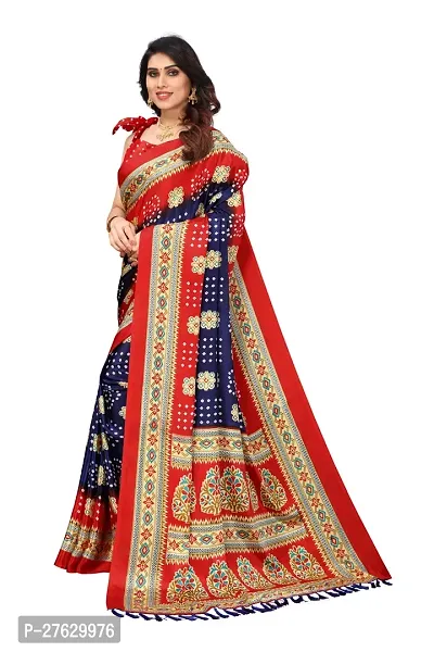 Women  poly slik printed saree with squnse les and Unstitched Blouse Piecee blue red-thumb4