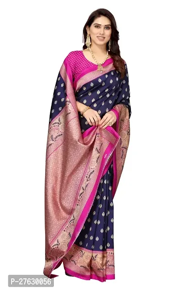 Women Art silk printed saree with  Unstitched Blouse Piecee Navy Blue-thumb3