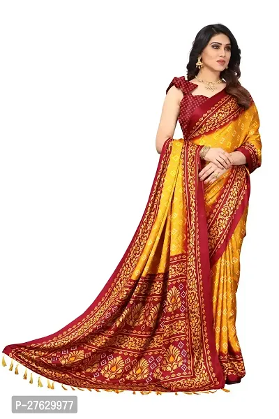 Women moss chiffon printed saree with  Unstitched Blouse Piecee yellow red-thumb5