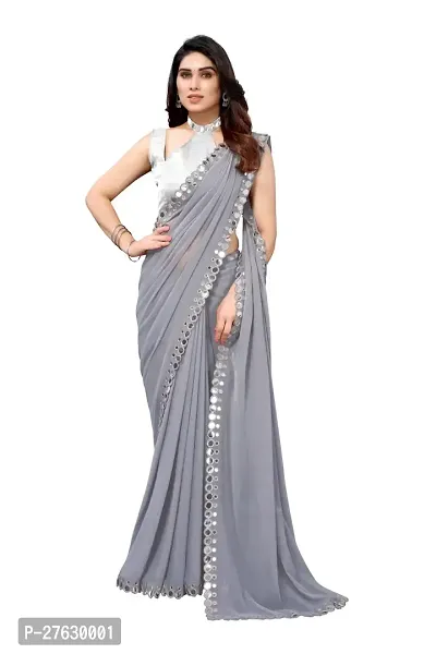 Women Georgette mirror border saree with  Unstitched Blouse Piecee grey-thumb2