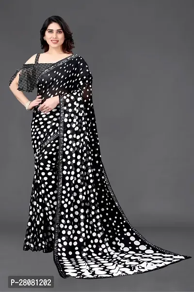 Women Georggate polka  print saree With Unstitched Blouse Piecee black