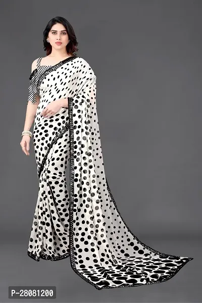 Women Georggate polka  print saree With Unstitched Blouse Piecee white