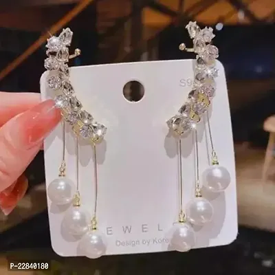 Ear cuff with pearl tassel drop Korean stud earrings for Girls and women-thumb0