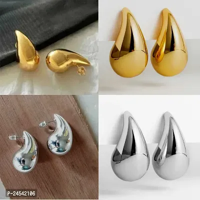 Elegant Tear Drop Water Proof Silver  Gold Toned Super Chunky Stud Alloy Earring - Combo of  2 Pairs