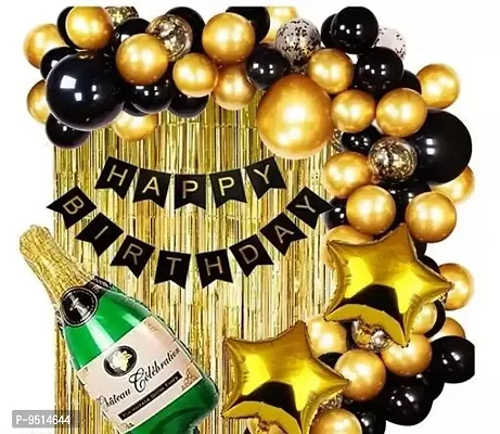 Trendy Golden And Black Happy Birthday Decoration Combo Kit With Banner, Balloons, Foil Curtain, Champagne Bottle Foil 38Pcs