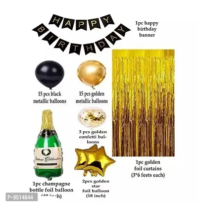 Trendy Golden And Black Happy Birthday Decoration Combo Kit With Banner, Balloons, Foil Curtain, Champagne Bottle Foil 38Pcs-thumb2