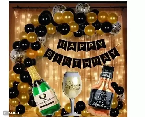 Trendy Golden Black Bottle Glass Happy Birthday Decoration Theme Combo Kit 37 Pcs With Banner Balloons Arch Roll For Girls, Boys