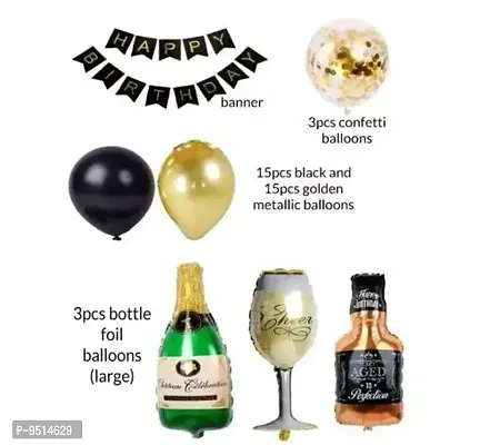 Trendy Golden Black Bottle Glass Happy Birthday Decoration Theme Combo Kit 37 Pcs With Banner Balloons Arch Roll For Girls, Boys-thumb2
