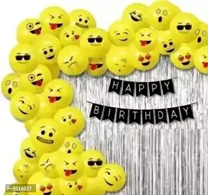 Trendy Latest Happy Birthday Decoration Combo Set Of 1Pc Happy Birthday Black Banner, 30Pcs Smiley Emoji Balloons, 2Pcs Silver Fringe