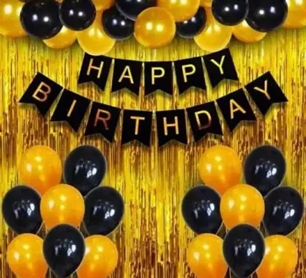 Trendy Solid Happy Birthday Decoration Kit Combo - 28 Pcs Birthday Banner Golden Foil Curtain Metallic Confetti Balloons For Boys Girls Wife Adult Husband Mom Dad
