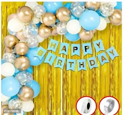 Trendy Kalrazz Propz Light Blue With Golden Happy Birthday Decoration Items Kit Combo Set Birthday Paper Bunting Golden Foil Curtain Metallic Balloons With Arch And Glue Dot - 35 Pieces-thumb0