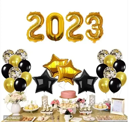 Black  Golden New Year Decoration Items - 30 Pcs Combo - Letter Foil, Star Shape Foil, Confetti, Metallic  Latex Balloons for Home Deocration Party