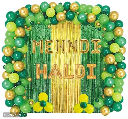 Haldi Mehndi Ceremony Decoration Pack of 46 items Decoration Kit contains 1 Mehndi Foil 1 Haldi Foil 2 Gold Curtains 1 Green Curtains 40 Balloons (10Yellow/ 10 Dark Green /10 Light Green/10 Gold) 1 Gl-thumb0