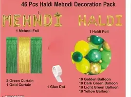 Haldi Mehndi Ceremony Decoration Pack of 46 items Decoration Kit contains 1 Mehndi Foil 1 Haldi Foil 2 Gold Curtains 1 Green Curtains 40 Balloons (10Yellow/ 10 Dark Green /10 Light Green/10 Gold) 1 Gl-thumb1