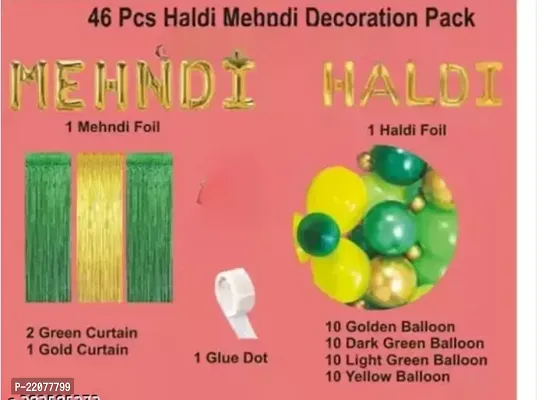 Haldi Mehndi Ceremony Decoration Pack of 46 items Decoration Kit contains 1 Mehndi Foil 1 Haldi Foil 2 Gold Curtains 1 Green Curtains 40 Balloons (10Yellow/ 10 Dark Green /10 Light Green/10 Gold) 1 Gl-thumb2