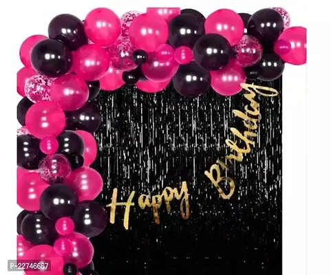 Happy Birthday Balloon Arch Party Decor | Set of 80 - 1 Pc Birthday Cursive Banner, 1 Pc Foil Curtain, 1 Glitter Balloon, 35 Pcs Each Pink  Black Balloons, 1 Pc Glue Dots  1 Arch