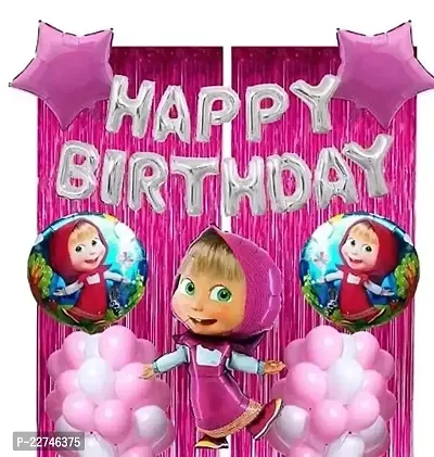 Masha Birthday Decoration Kit For Girls- Combo Items Includes Happy Birthday Silver Foil Balloons, Pink Foil Curtains, Foil Ballons 5 Pc Set and Metallic Balloon For Party Decorations
