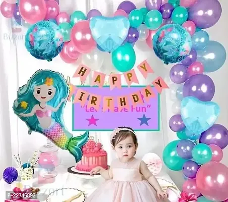 Mermaid Girls Birthday Party Decoration Kit- 47 Pcs |Mermaid Foil Balloons Set of 5 Pcs | 40 Metallic  Pastel Balloons | Happy Birthday Banner| Ribbon - theme decoration items-thumb0