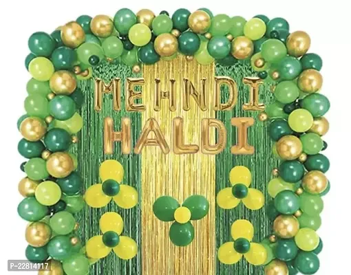 Haldi Mehndi Ceremony Decoration Pack of 82 items Decoration Kit Contains 1 Mehndi Foil 1 Haldi Foil 1 Gold Curtains 2 Green Curtains 75 Balloons 1 Glue Dot 1 Arch