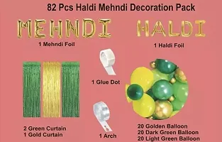 Haldi Mehndi Ceremony Decoration Pack of 82 items Decoration Kit Contains 1 Mehndi Foil 1 Haldi Foil 1 Gold Curtains 2 Green Curtains 75 Balloons 1 Glue Dot 1 Arch-thumb1