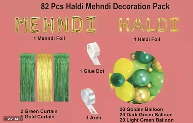 Haldi Mehndi Ceremony Decoration Pack of 82 items Decoration Kit Contains 1 Mehndi Foil 1 Haldi Foil 1 Gold Curtains 2 Green Curtains 75 Balloons 1 Glue Dot 1 Arch-thumb2