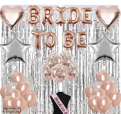 Bride to Be Decoration Combo Set of 44 Pcs for Rose Gold Bridal Shower Decorations, Foil Banner with Heart  Star Balloons, Confetti  Metallic Balloons, Silver Curtains, Bride to Be Sash