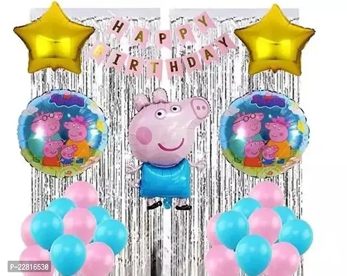 Peppa Pig Theme Birthday Decoration Items Combo Set of 52 Pcs for Baby Kids Girls Boys, Peppa Pig Foil Balloon, Birthday Sash  Banner, Pink  Blue Balloons, Silver Curtains