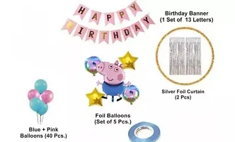 Peppa Pig Theme Birthday Decoration Items Combo Set of 52 Pcs for Baby Kids Girls Boys, Peppa Pig Foil Balloon, Birthday Sash  Banner, Pink  Blue Balloons, Silver Curtains-thumb1