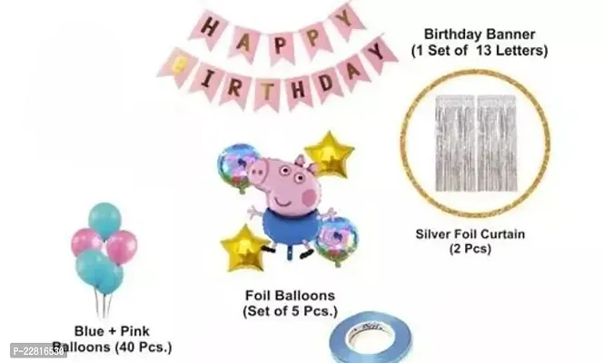 Peppa Pig Theme Birthday Decoration Items Combo Set of 52 Pcs for Baby Kids Girls Boys, Peppa Pig Foil Balloon, Birthday Sash  Banner, Pink  Blue Balloons, Silver Curtains-thumb2