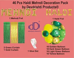 Haldi Mehndi Ceremony Decoration Pack of 46 items 1 Mehndi 1 Haldi 3 Curtains 40 Balloons 1 Glue Dot for Haldi Mehndi Function Celebration at Home/Hall decoration-thumb1