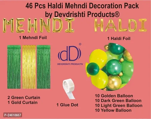 Haldi Mehndi Ceremony Decoration Pack of 46 items 1 Mehndi 1 Haldi 3 Curtains 40 Balloons 1 Glue Dot for Haldi Mehndi Function Celebration at Home/Hall decoration-thumb2