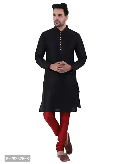 Reliable Black Silk Blend Solid Knee Length Kurta For Men-thumb0