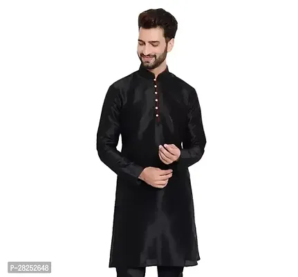 Reliable Black Silk Blend Solid Knee Length Kurta For Men