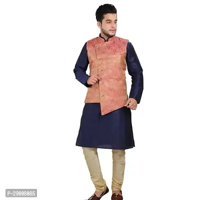 Mens Silk Blend Kurta Churidar Pyjama with Ethnic Bundi Jacket Set-thumb0