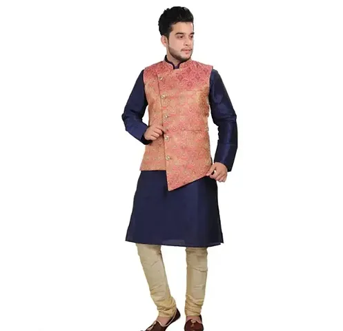 Mens Silk Blend Kurta Churidar Pyjama with Ethnic Bundi Jacket Set