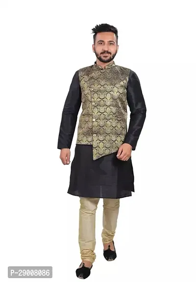 Mens Silk Blend Kurta Churidar Pyjama with Ethnic Bundi Jacket Set-thumb0