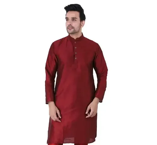 Sadree Men's Silk Kurta Pyjama Set Multi Design | Mandarian Collor Long Sleeve Dupion Silk Solid Kurta Churidar Pyjama for Men
