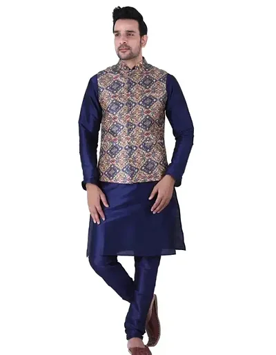 HUZUR Men's Silk Kurta Pyjama/Pajama with Multicolor Square Print Nehru Jacket Set