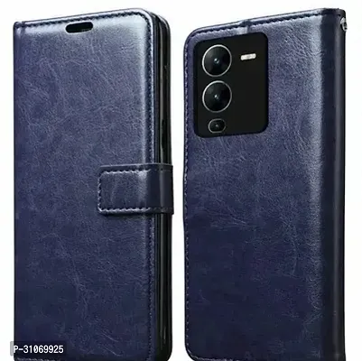 FASCINATING ACCESSORIES Vintage Shock Proof Flip Cover Back Case Cover for VIVO V25 PRO 5g Flexible  Leather Finish  Card Pockets Wallet And Stand  BLUE-thumb0