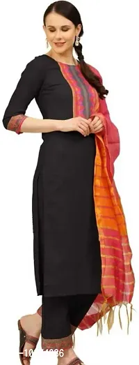 Attractive Straight Black Printed Cotton Kurta Bottom With Dupatta For Women