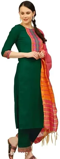 Attractive Straight Green Printed Cotton Kurta Bottom With Dupatta For Women-thumb0