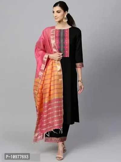 Attractive Straight Black Self Design Cotton Kurta Bottom With Dupatta For Women-thumb0