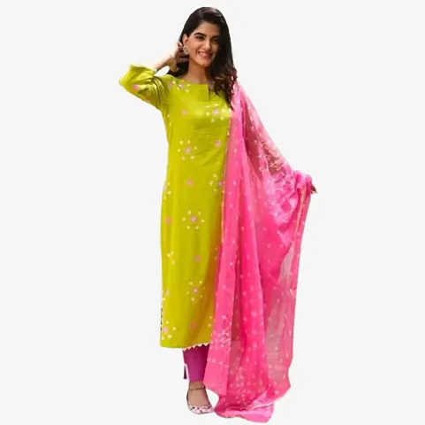 Women Straight Self Design Kurta Bottom and Dupatta Set