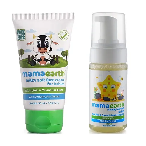 Mamaearth Milky Soft Natural Baby Face Cream for Babies 50mL ?nd Foaming Baby Face Wash for Kids with Aloe Vera and Coconut Based Cleansers, 120 ml