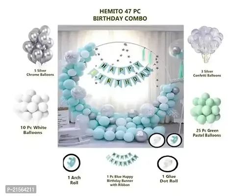 Premium Quality Birthday Decoration Kit 47 Pc - Mint Green Pastel And White Metallic Balloons Combo With Birthday Banner, Arc, Glue Dot For Girls Kids Baby Birthday Decoration Items Combo, Chrome-thumb0