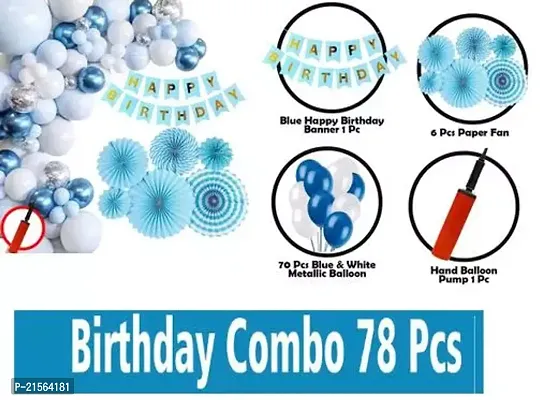 Premium Quality Happy Birthday Decorations For Boys- Blue Paper Fan, Hand Balloon Pump, Metallic Balloons With Blue Paper Banner -Decoration Items For Birthday Party, Birthday Decoration Kit Combo-78Pcs