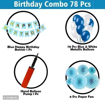 Premium Quality Happy Birthday Decorations For Boys- Blue Paper Fan, Hand Balloon Pump, Metallic Balloons With Blue Paper Banner -Decoration Items For Birthday Party, Birthday Decoration Kit Combo-78Pcs-thumb2