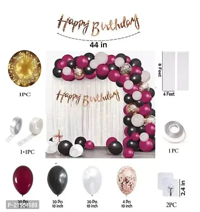 Premium Quality 72 Happy Birthday Decoration Kit With Metallic Balloons - Maroon And Black Decorations - Diy Combo Kit - Net Curtains - Balloon Arch Strip - Led String Light For Girls, Wife, Women, Husband